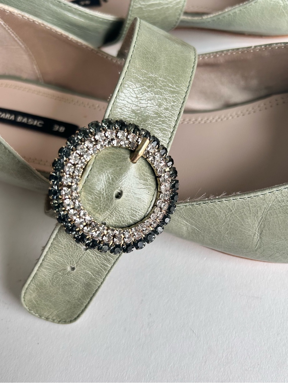 Zara Basic Green Leather Mary Jane Point Toe Glitter Buckle Flats size 7.5 - Picture 10 of 16